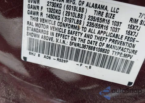 2008 Honda Odyssey Ex-L из США, поврежденный, VIN 5FNRL38788B108820